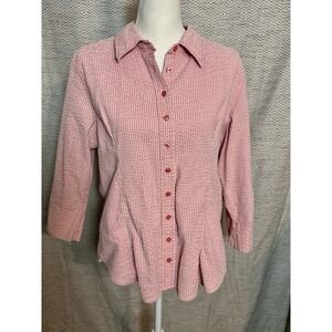 Denim & Co Pink White Gingham Print Long Sleeve Button Up 1X